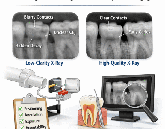 Dental illustration: Title: When “Good Enough” Images Fail: Preventing Missed Findings from Low-Clarity Dental Imaging Article Angle: This article examines how marginal image clarity in dental imaging quietly increases diagnostic uncertainty—especially for early caries, subtle periapical change, and crack detection—without always triggering a retake. It walks through where clarity breaks down in day-to-day workflow and provides a practical, repeatable approach to improving consistency so clinicians can make better diagnoses with greater confidence. Outline: - Introduction - The common scenario: an image that is “readable” but not diagnostic-grade - Clinical tension: time pressure vs. the cost of uncertainty, retakes, and missed findings - Framing the goal: consistent clarity to support confident diagnosis, not just image capture - Clinical Challenge and Diagnostic Limitations - How low clarity presents clinically: low contrast, noise, motion blur, overlap, cutoff, or inconsistent exposure - What gets missed first: incipient interproximal caries, early periapical radiolucency, PDL widening, calculus, recurrent caries margins, subtle root fractures - Consequences: expanded differential diagnoses, unnecessary monitoring, overtreatment/undertreatment, and weakened documentation - Workflow Breakdown - Patient factors: gag reflex, limited opening, tongue/cheek interference, inability to stay still - Positioning factors: receptor placement errors, beam angulation mistakes, horizontal overlap, improper bitewing alignment - Technique and settings: exposure variability, inconsistent presets, failure to standardize by region/body habitus - Post-capture factors: monitor calibration, ambient light, inconsistent viewing conditions, over-reliance on aggressive enhancement tools - Technology Evolution and Improved Approach - Moving from “image capture” to “diagnostic imaging protocol” (standardization mindset) - Practical protocol elements: - Pre-image checklist (indication, region, required diagnostic task) - Positioning aids and repeatable landmarks for bitewings and periapicals - Standard exposure strategy with defined retake thresholds (“diagnostic acceptability” criteria) - Consistent viewing workflow (ambient light control, monitor considerations, baseline enhancement settings) - Team roles: assistant-driven consistency with clinician-defined acceptability standards - Documentation: capturing why images were retaken and what improved (medico-legal clarity) - Clinical Outcomes and Benefits - Higher diagnostic confidence for common decision points (restore vs monitor, endo referral vs observe, perio staging support) - Reduced retake rate through fewer preventable errors (positioning and overlap) rather than tolerating low-quality images - Improved patient communication: clearer images support better case acceptance without “selling” - Stronger longitudinal comparisons: consistent geometry and contrast improve change detection over time - Conclusion - Actionable takeaway: implement a clinic-wide “diagnostic clarity standard” for dental imaging with defined retake criteria - Start small: standardize bitewings first, then periapicals; audit 20 consecutive series for clarity failures and root causes - The endpoint: better diagnosis through consistency, not complexity Image 1 Concept: A side-by-side comparison of a low-clarity posterior bitewing (horizontal overlap, low contrast, subtle caries not clearly delineated) with annotated callouts showing where interpretation becomes uncertain (contact areas, CEJ region, recurrent caries margins). Image 2 Concept: A workflow graphic or clinical photo sequence showing correct bitewing sensor placement and beam alignment (positioning device in place, tube head alignment), paired with a simple checklist overlay: positioning, angulation, exposure preset, acceptability criteria. Image 3 Concept: A high-clarity bitewing/periapical image demonstrating improved diagnostic visibility—clearly separated contacts and higher contrast—annotated to show a subtle interproximal lesion or early periapical change that is now confidently detectable.